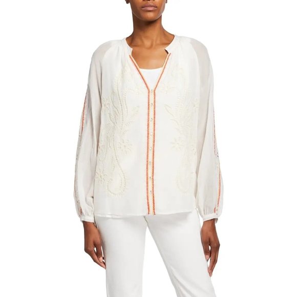 Johnny Was Tops - Johnny Was Jade Women's Rosa Eyelet Cotton Peasant Blouse Antique White MEDIUM